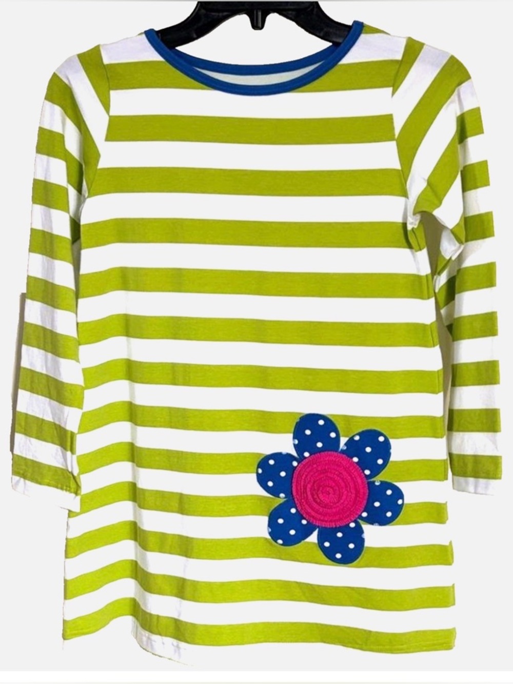 Kelly’s Kids Girls Boutique Dress 8 10 Lime Green Stripe Flower Applique School